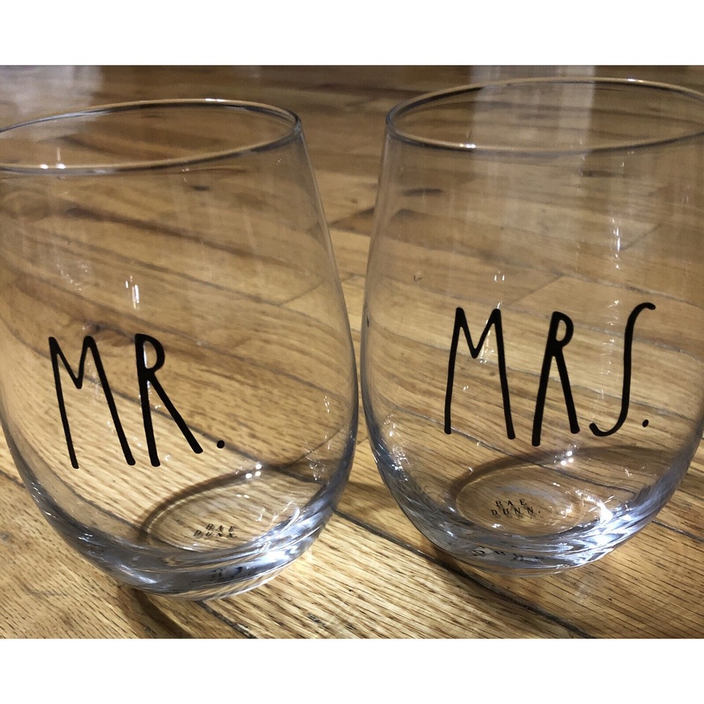 Rae Dunn Mr & Mrs Stemless Wine Glasses Set Of 2 .